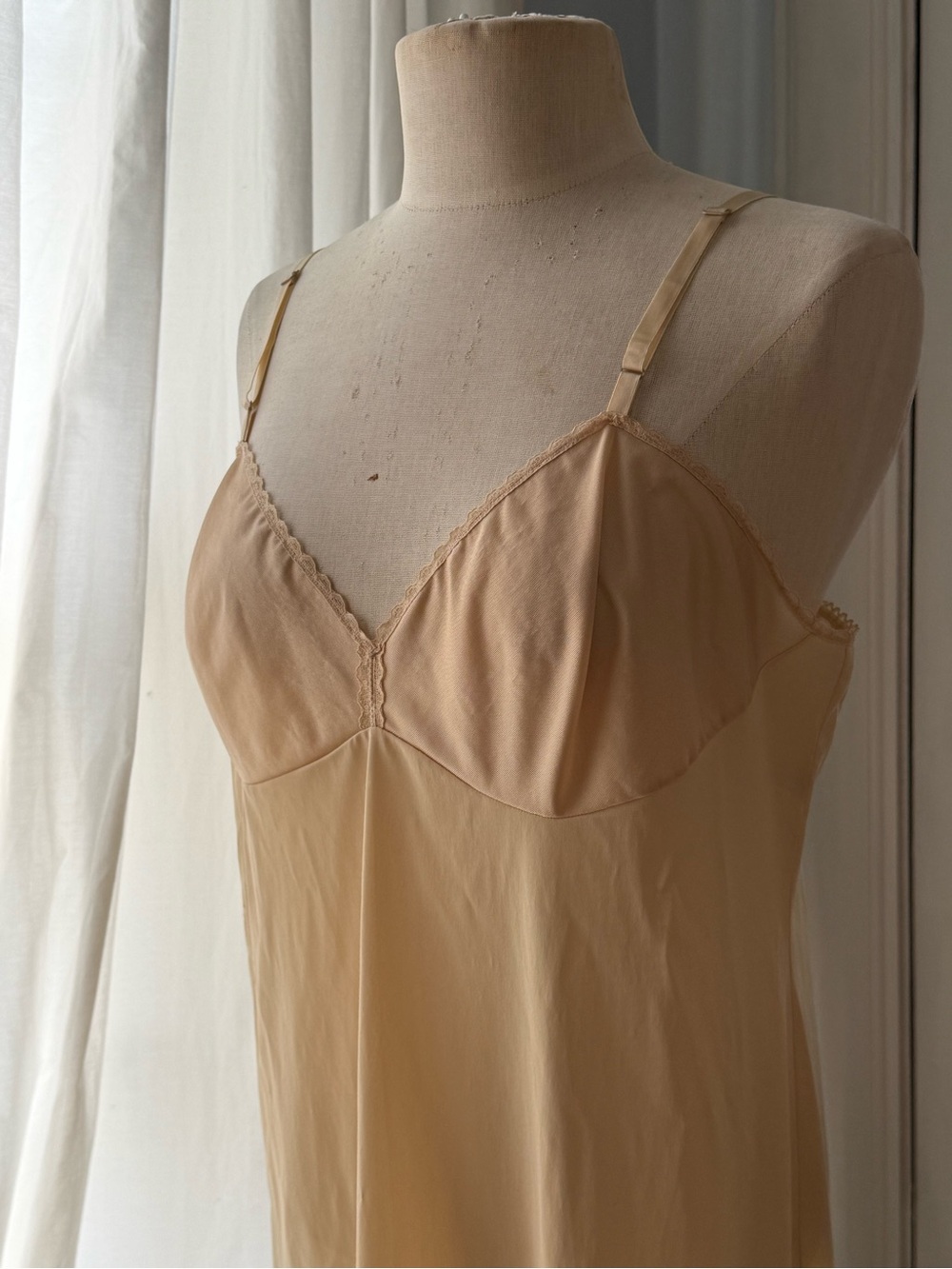 Vanity Fair Beige/Nude Satin Slip with Scalloped Trim